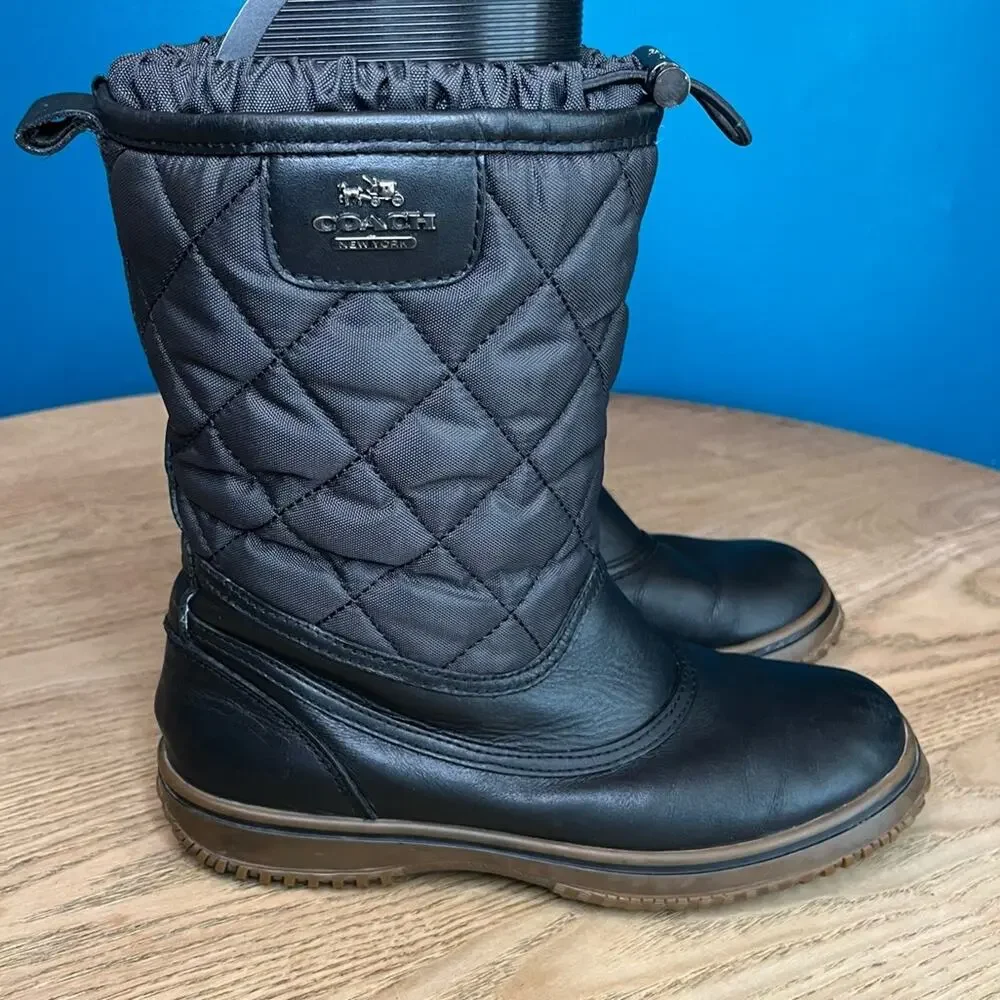 Coach Samara Black Quilted Midi Snow Boots Nylon Leather Women’s Size 6